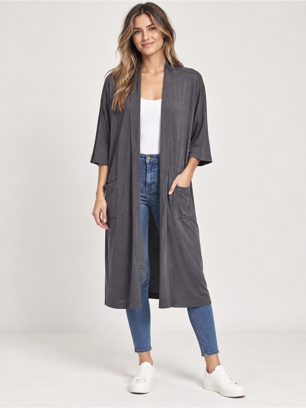 Wilfred Free Aritzia Charcoal Long Duster Cardigan Open Front Size S